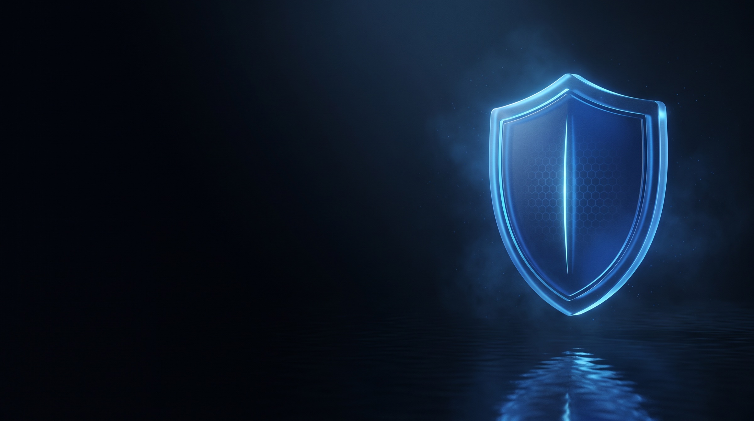 A frosted blue glass shield with a luminous core, floating above dark water